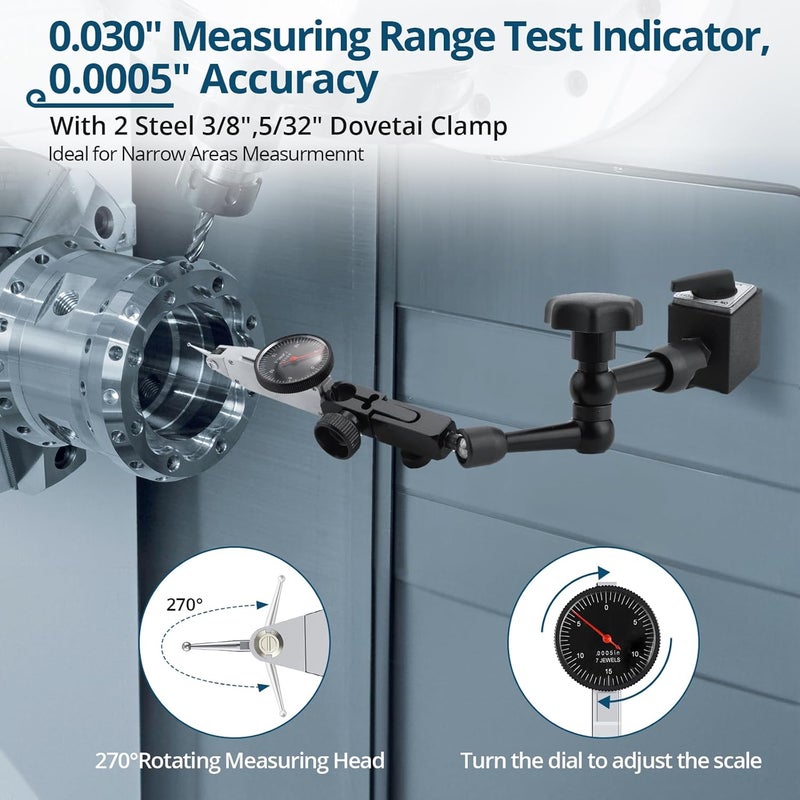 ALLmeter Store Dial Test Indicator 90lbs (40kg) Max Pull Magnetic Base Stand 0-0.03"/0.0005"Test Indicator Dial Indicator,3 Adjustable Joints 3/8 Inch (9.52mm) Clamping Hole for Machine Set-Up,Narrow Area - Image 3